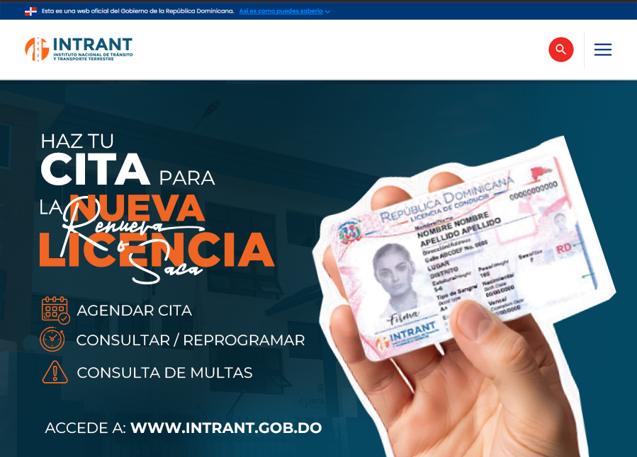 Interfaz del portal web del INTRANT mostrando el sistema de citas en línea para la licencia de conducir.