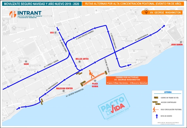 INTRANT informa sobre vías alternas ante cierre de calles por fiestas Año Nuevo